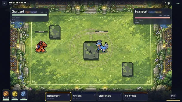 Actual Pokémon Arena 2D battle in Viridian Grove, with Charizard facing Swampert